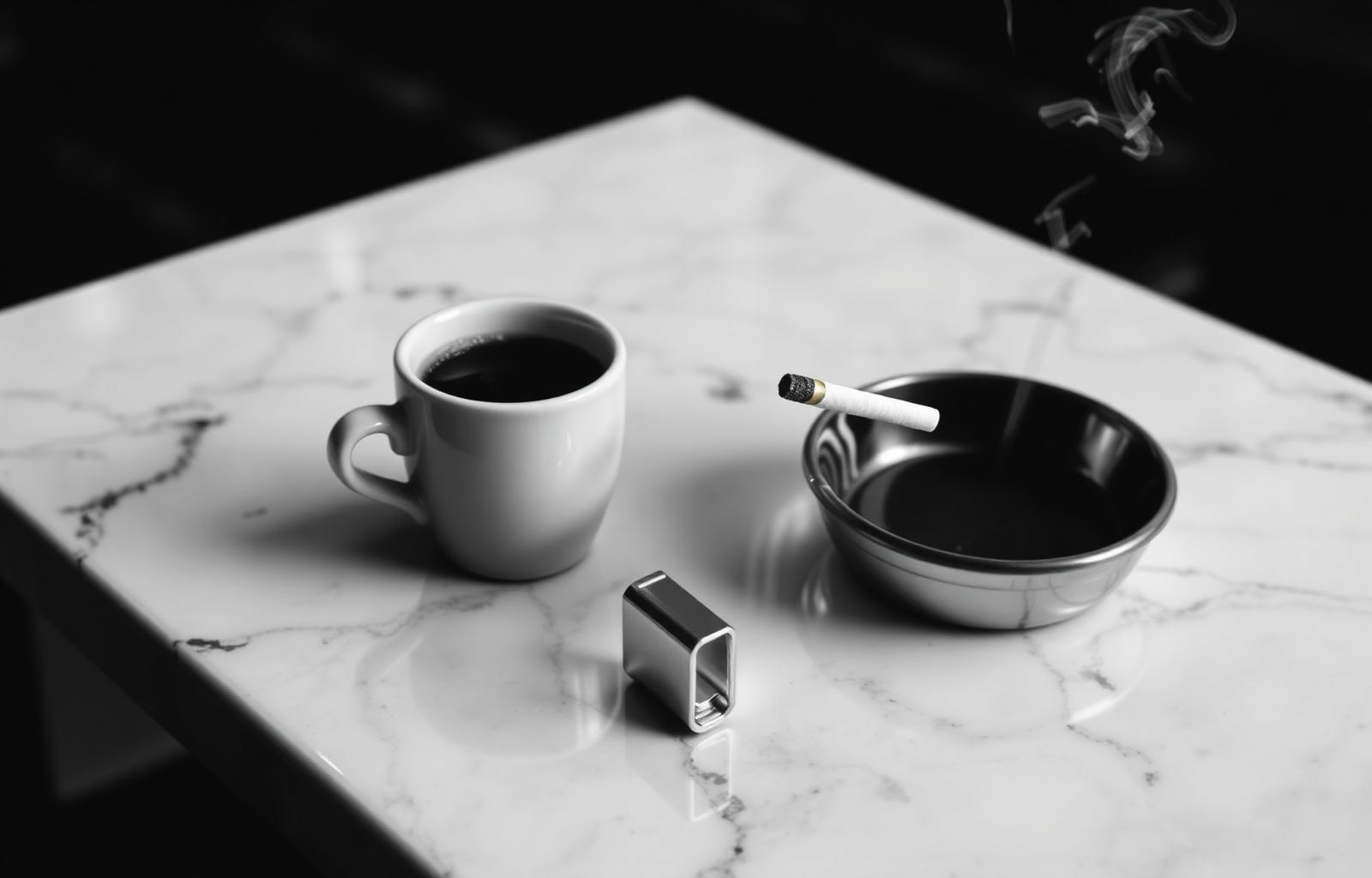 A single espresso cup and a smouldering cigarette on a marble café table, in the manner of Jim Jarmusch.